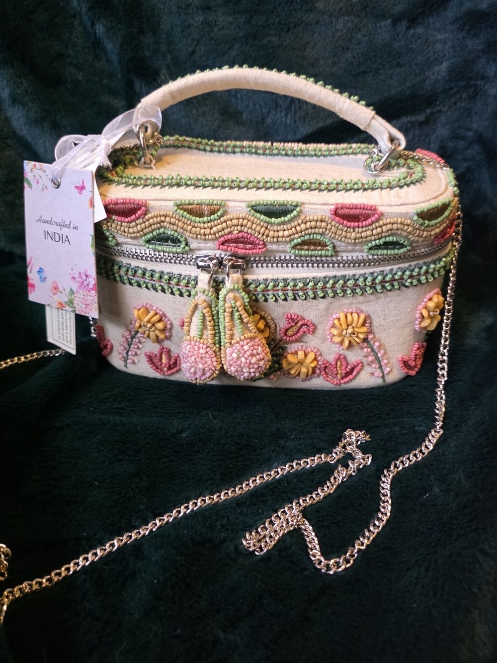 Handcrafted Embroidered Cream Beaded Top-Handle Crossbody Bag